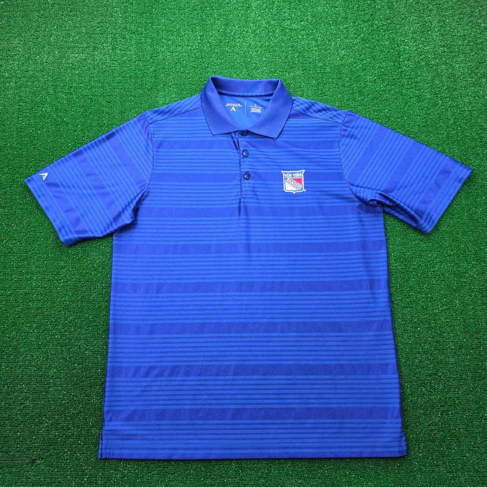New York Rangers Antigua Performance Polo Shirt Mens Large Blue Striped NHL